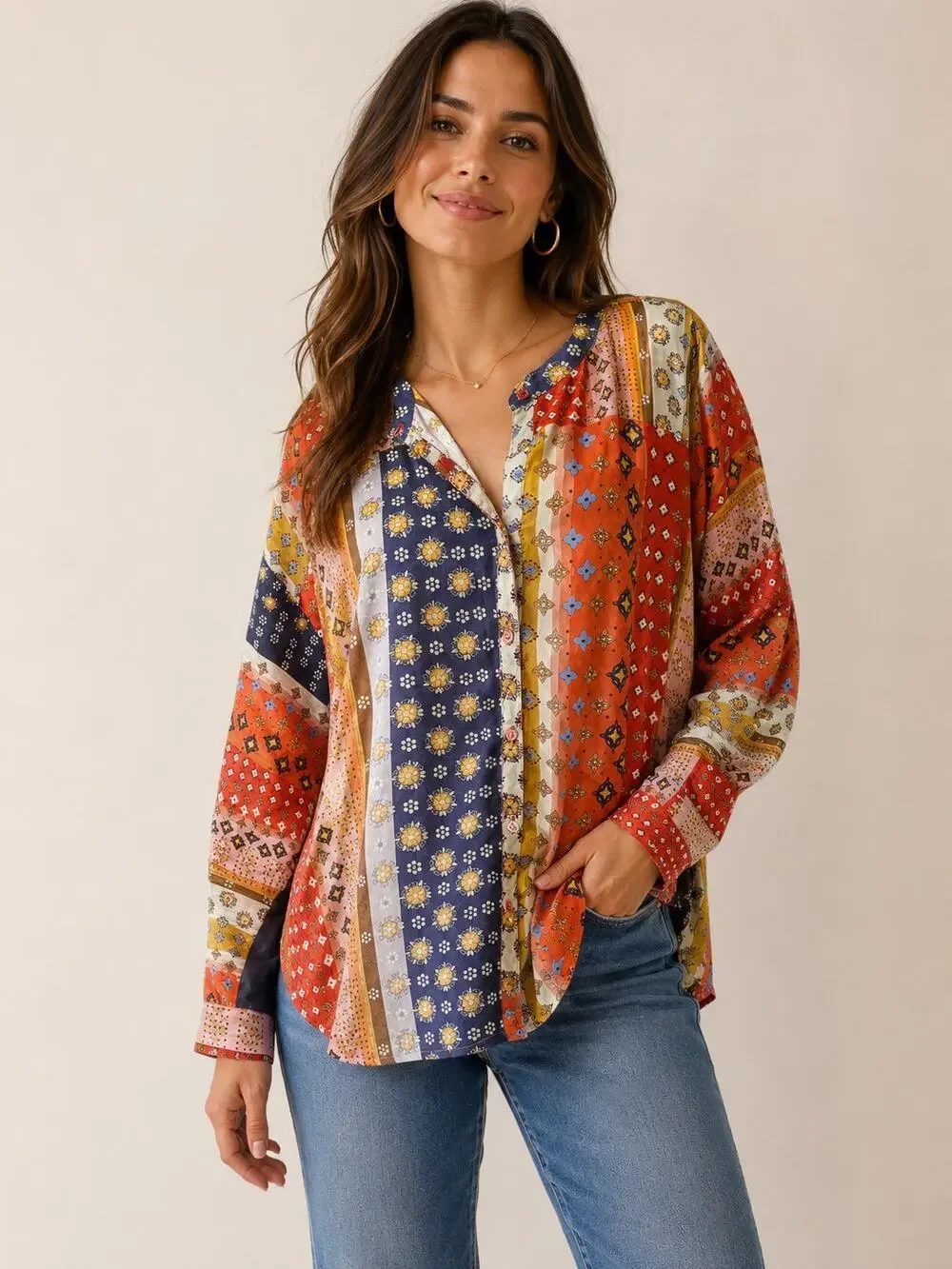 Johnny Was Patchwork Print Tunic Blouse